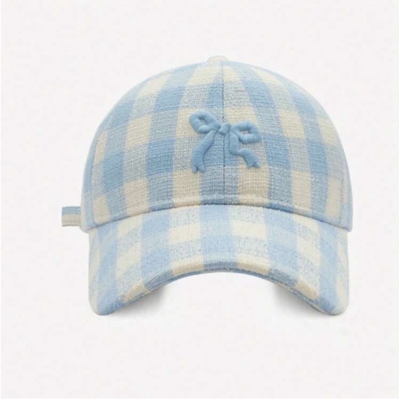 Adjustable Checkered Light Pink + White Embroidered Bowknot Baseball Cap OS New - Picture 7 of 11